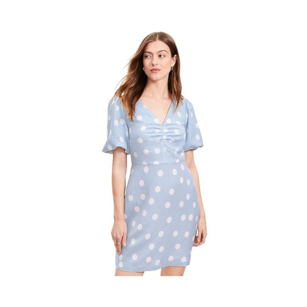 LOFT Dotted Linen Blend V-Neck Mini Dress Puff Sleeve Light Blue White Polka Dot